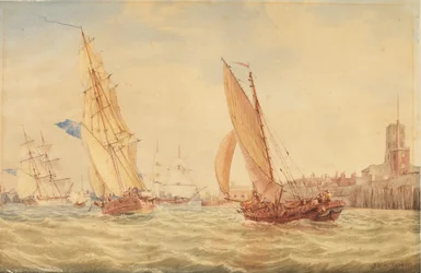 Trois sloops de guerre et un bateau de pêche entrant dans le port de Portsmouth, vers 1800-30